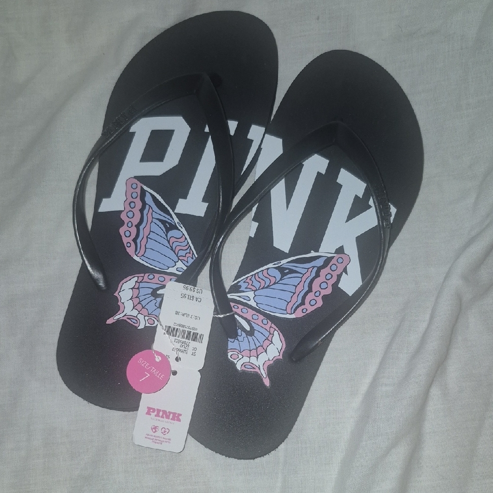 PINK Victoria's Secret Black Sandals with Butterfly Design
